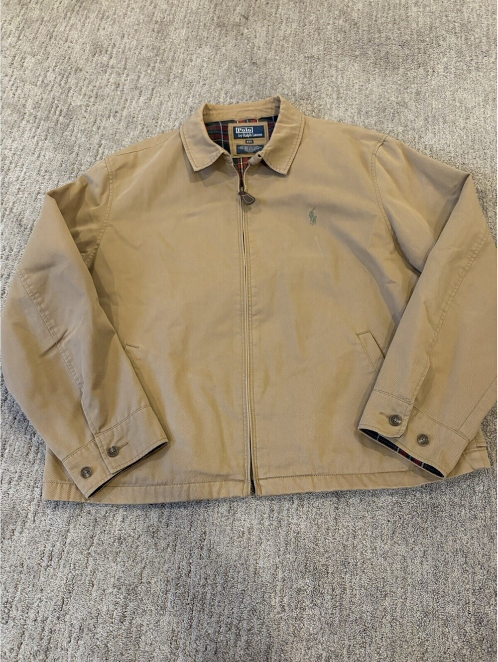 Polo Ralph Lauren Jacket Mens XXL Tan Plaid Lined Harrington Zip Up 90s Vintage